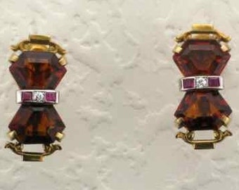 Yellow Gold Art Deco Citrine and Ruby Screw Back Earrings, Art Deco Earrings, Yellow Gold Art Deco Earrings