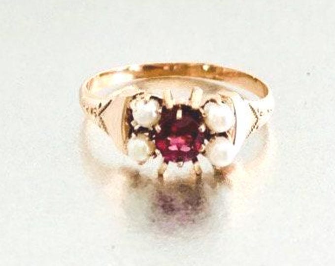 Yellow Gold Rhodolite Garnet and Pearl Ring, Vintage Garnet Ring, Victorian Garnet and Pearl Ring, January Birthstone, Birthstone Ring