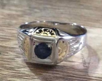 White Gold Blue Sapphire Ring with Yellow Gold Accents in 18 Karat