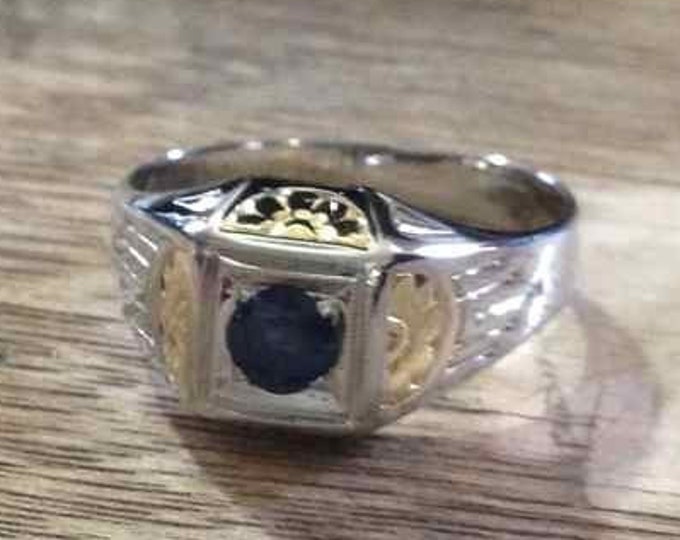 White Gold Blue Sapphire Ring with Yellow Gold Accents in 18 Karat