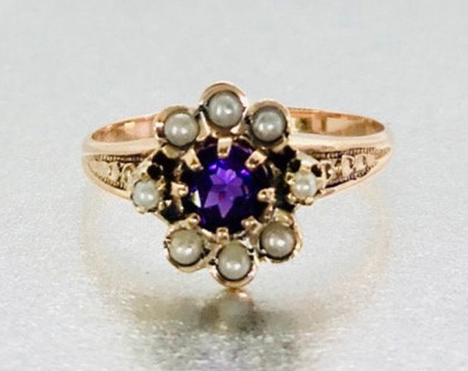 Yellow Gold Amethyst and Pearl Ring, Antique Amethyst Ring, Victorian Amethyst and Pearl Ring, February Birthstone, Birthstone Ring