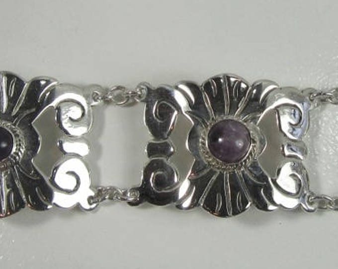 Silver Amethyst Large Link Bracelet, Amethyst Bracelet, Vintage Amethyst Bracelet, Bracelet Stamped Mexico, February Birthstone