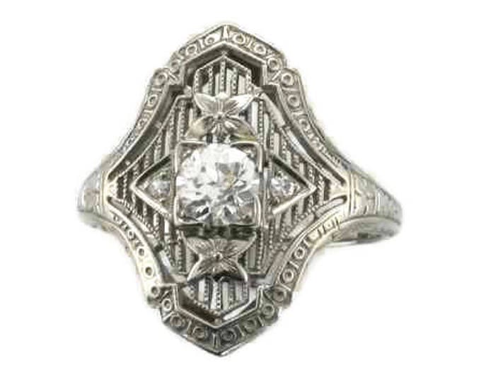 18 Karat White Gold Diamond Filigree Ring, Antique Filigree Ring, Antique Diamond Ring,  Diamonds Because Love Has Many Facets