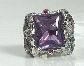 Amethyst, Green Garnet, Sapphire, Diamond and Ruby Ring, Whimsical Ring, Butterfly Ring, Flower Ring, Cocktail Ring, February Birthstone