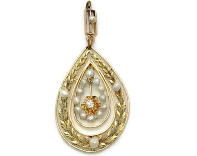 14 Karat Yellow and Green Gold Diamond and Pearl Pendant, Antique Pendant, Edwardian Pendant, Diamond and Pearl Pendant, Antique Jewelry
