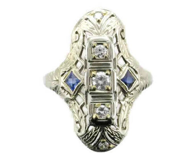 White Gold Diamond and Blue Sapphire Filigree Ring-Stamped 18 Karat-Edwardian Ring