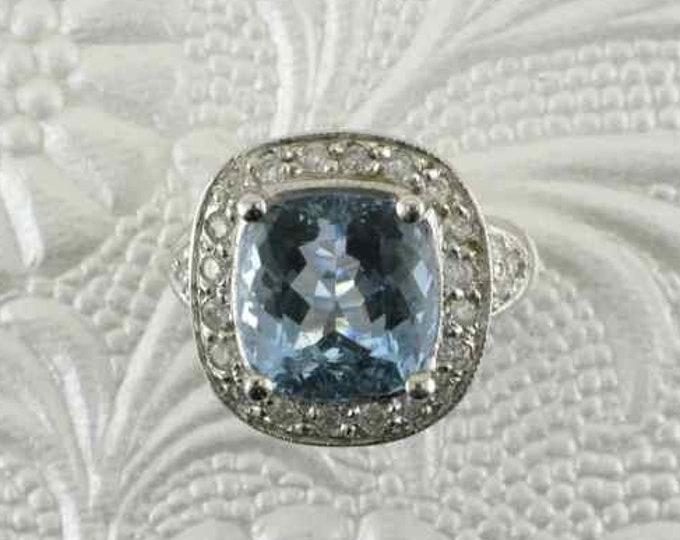 Aquamarine and Diamond Cocktail Ring, Early Halo Ring, White Gold Aqua Ring, 14 Karat White Gold Ring, Statement Ring