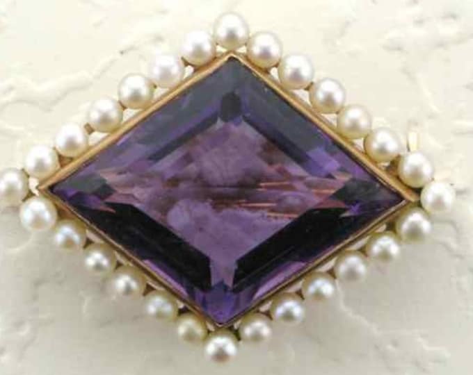 Absolutely Stunning Amethyst and Pearl Pin/Watch Pin in 14 Karat Yellow Gold  Edwardian Period