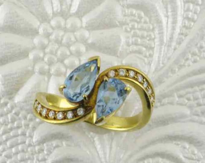 Double Pear Shaped Blue Topaz and Channel Set Diamond Bypass Ring; Fashion Ring; Statement Ring