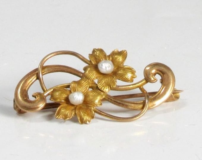 Dainty 10 Karat Yellow Gold Flower Pin with Two Baroque Pearls; Pin with Two Flowers; Vintage Flower Pin; Vintage Lapel Pin; Vintage Pin