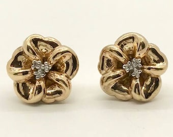 Yellow Gold Flower Earrings with Diamonds, Diamond Flower Earrings, Vintage Earrings, Pierced Earrings, Vintage Diamond Earrings, Earrings