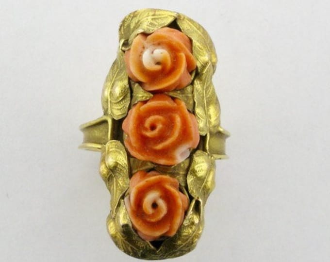 Three Flower Coral Ring with Leaf Design, Art Nouveau Carved Coral Ring