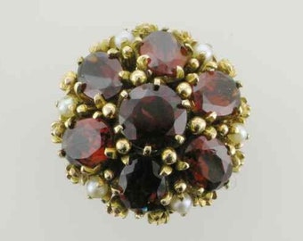 Vintage 1970's Garnet Cluster Cocktail Ring with Pearl Accents, Yellow Gold Statement Jewelry