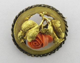 Carved Coral Rose Pin: Braided 18k Gold, Textured Leaves, Antique Brooch