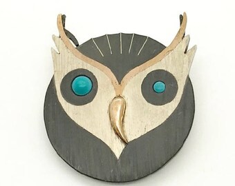 Modernistic Owl Pin or Pendant, Owl Jewelry, Sterling Owl Brooch, Piedra Negra Pin, Taxco Brooch, Owl Pin, Sterling and Turquoise Owl Brooch