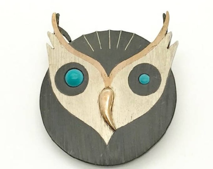 Modernistic Owl Pin or Pendant, Owl Jewelry, Sterling Owl Brooch, Piedra Negra Pin, Taxco Brooch, Owl Pin, Sterling and Turquoise Owl Brooch