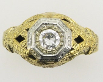 Yellow Gold Diamond Ring; Hand Engraved Diamond Ring; Yellow and White Gold Diamond Ring; Diamond Wedding Ring