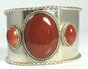 Sterling Silver Sardonyx & Gold Stone Cuff Bracelet - Statement Jewelry