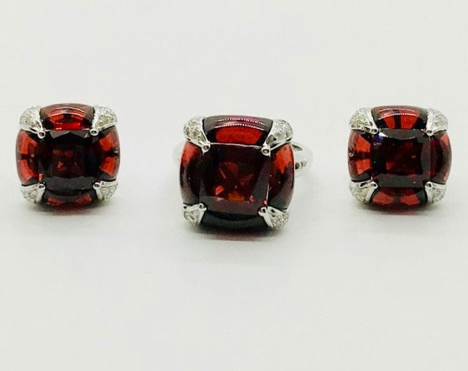 Vintage Ring and Earring Set in 18 Karat White Gold, Garnet and Diamond Ring and Earrings, Designer Jewelry Stamped GADI, January Birthstone