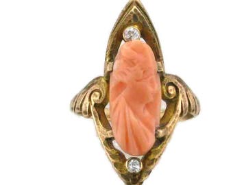 Yellow Gold Coral Cameo Ring; Coral Ring; Art Nouveau Ring; Cameo Ring; Coral Cameo Ring; Art Nouveau Cameos, Vintage Cameo Ring