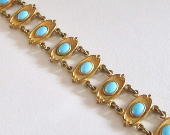 Gold Tone Art Nouveau Bracelet with Faux Turquoise, Bracelet, Antique Bracelet, Faux Turquoise, Art Nouveau Bracelet, Link Bracelet