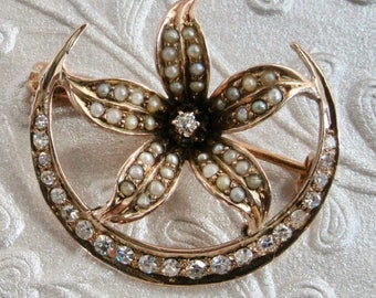 Antique Diamond & Pearl Crescent Star Pin: Victorian 14k Gold