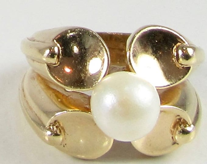 14 Karat Yellow Gold Vintage Pearl Ring, Statement Pearl Ring, June Birthstone Ring, Cultured Pearl Ring