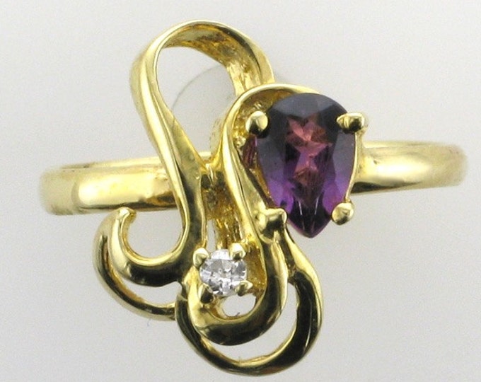 Yellow Gold Amethyst and Diamond Ring; Vintage Amethyst Ring; Pear Shaped Amethyst Ring; February Birthstone Ring, Birthstone Ring