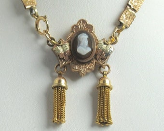 Gold Filled Cameo Book Chain Necklace with Tassels - 1870s