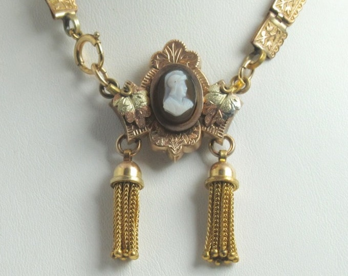 Gold Filled Cameo Watch Pin with Tassels and Book Chain; Book Chain; Watch Pin; Watch Pin with Tassels; Antique Pin with Tassels