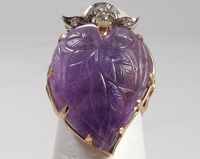 Carved Amethyst and Diamond Ring; Amethyst Statement Ring; Carved Amethyst; Strawberry Design Ring; Amethyst and Diamond Ring; Amethyst