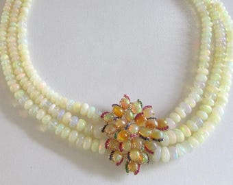 Triple Strand Opal Necklace: Sapphire, Ruby, Emerald & Diamond Clasp
