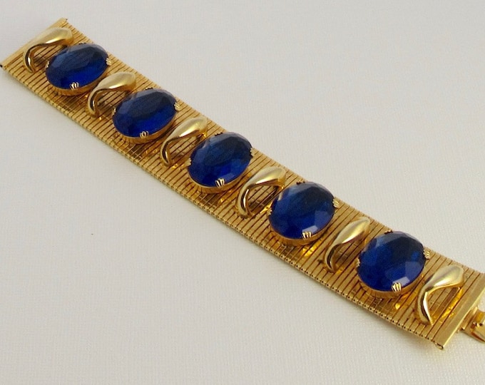 Fun and Fabulous Gold Tone Blue Glass Bracelet; Wide Gold Tone Bracelet; Flexible Gold Tone Bracelet; Wide Bracelet with Blue Glass