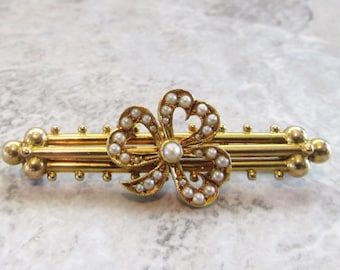 Antique English Pin, Wedding Jewelry, Antique Brooch, Antique Jewelry, Brooch, Antique Pearl Pin, Heart Shaped Clover Petals