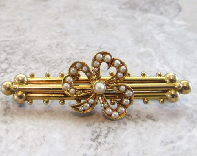 Antique English Pin, Wedding Jewelry, Antique Brooch, Antique Jewelry, Brooch, Antique Pearl Pin, Heart Shaped Clover Petals