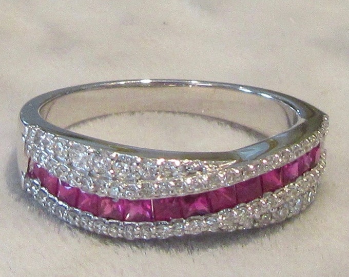 Vintage White Gold Ruby and Diamond Stackable Ring or Wedding Band