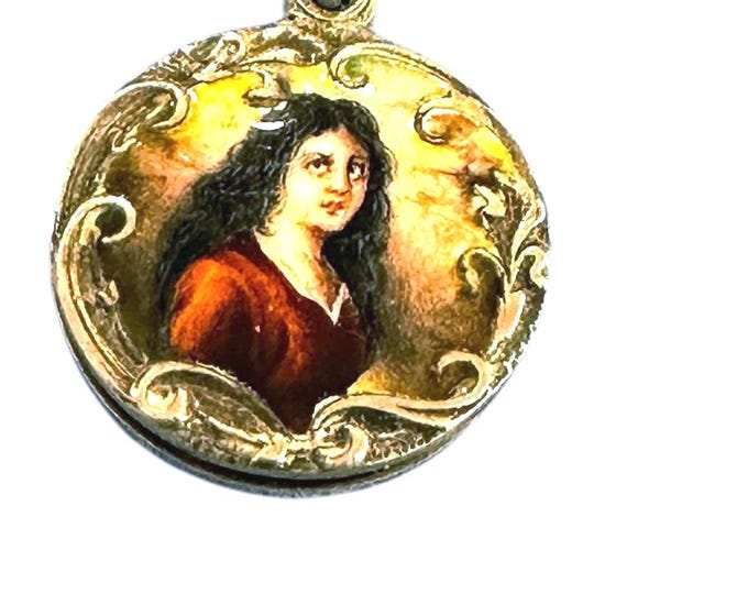 Antique Silver Tone Enamel Portrait Locket on Sterling Snake Chain