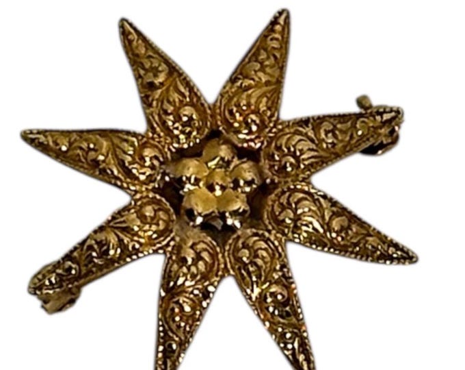 Victorian 14K Gold Sunburst Pin – Antique Intricate Embossed Brooch