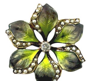 Antique Floral Pin: Green and Purple Enamel with Seed Pearls and a Diamond