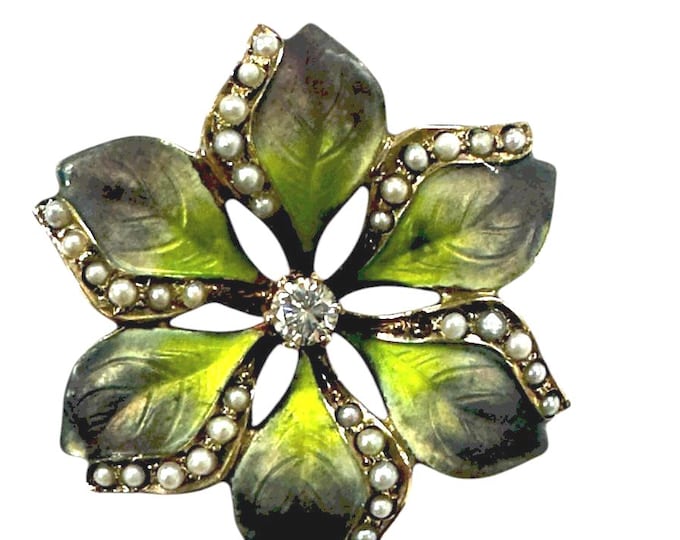 Antique Floral Pin: Green and Purple Enamel with Seed Pearls and a Diamond