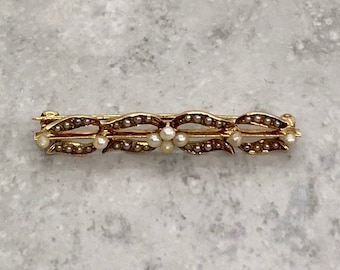 Yellow Gold Pearl Bar Pin, Horse Shoe Design , Victorian Bar Pin, Pearl Pin, Antique Pearl Bar Pin