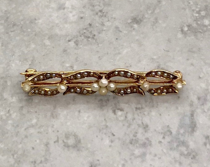 Yellow Gold Pearl Bar Pin, Horse Shoe Design , Victorian Bar Pin, Pearl Pin, Antique Pearl Bar Pin