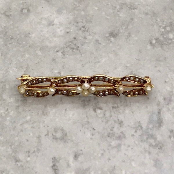 Yellow Gold Pearl Bar Pin, Horse Shoe Design , Victorian Bar Pin, Pearl Pin, Antique Pearl Bar Pin