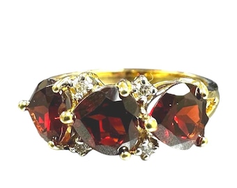 Vintage 14K Yellow Gold Garnet Diamond Ring -Red Gemstone Jewelry