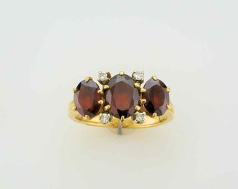 Yellow Gold Garnet and Diamond Estate Ring; Straight Line Ring; Garnet Ring Vintage Garnet Ring; Stacking Ring