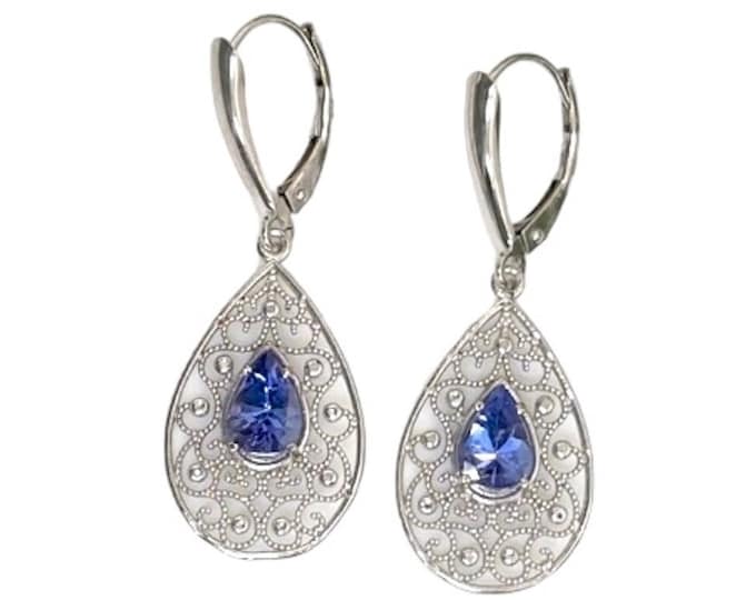 Elegant White Gold Pear Shaped Filigree Tanzanite Dangle Earrings