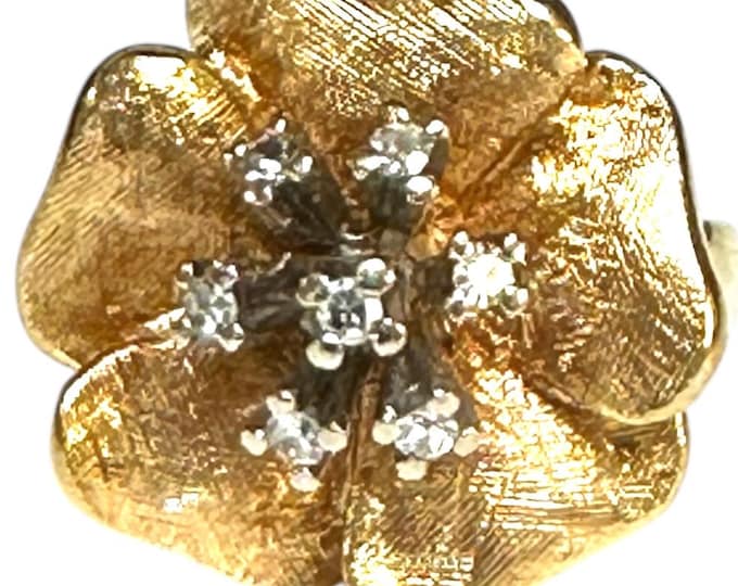 14K Diamond Flower Ring, Vintage Florentine Gold with Single Cut Diamonds
