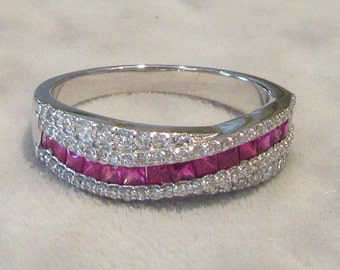 Vintage White Gold Ruby and Diamond Stackable Ring or Wedding Band