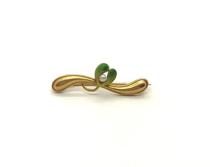 Yellow Gold Enamel Art Nouveau Pin, Enamel Pin with Pearl, Vintage Enamel and Pearl Pin, Vintage Pin, Antique Pin with Enamel