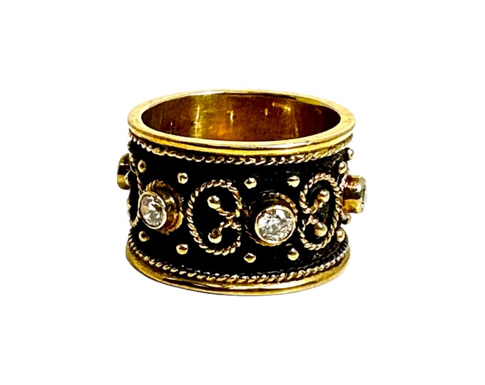 Hand Crafted Oxidized Sterling Silver Ring with Gold Plated Accents and Cubic Zirconia